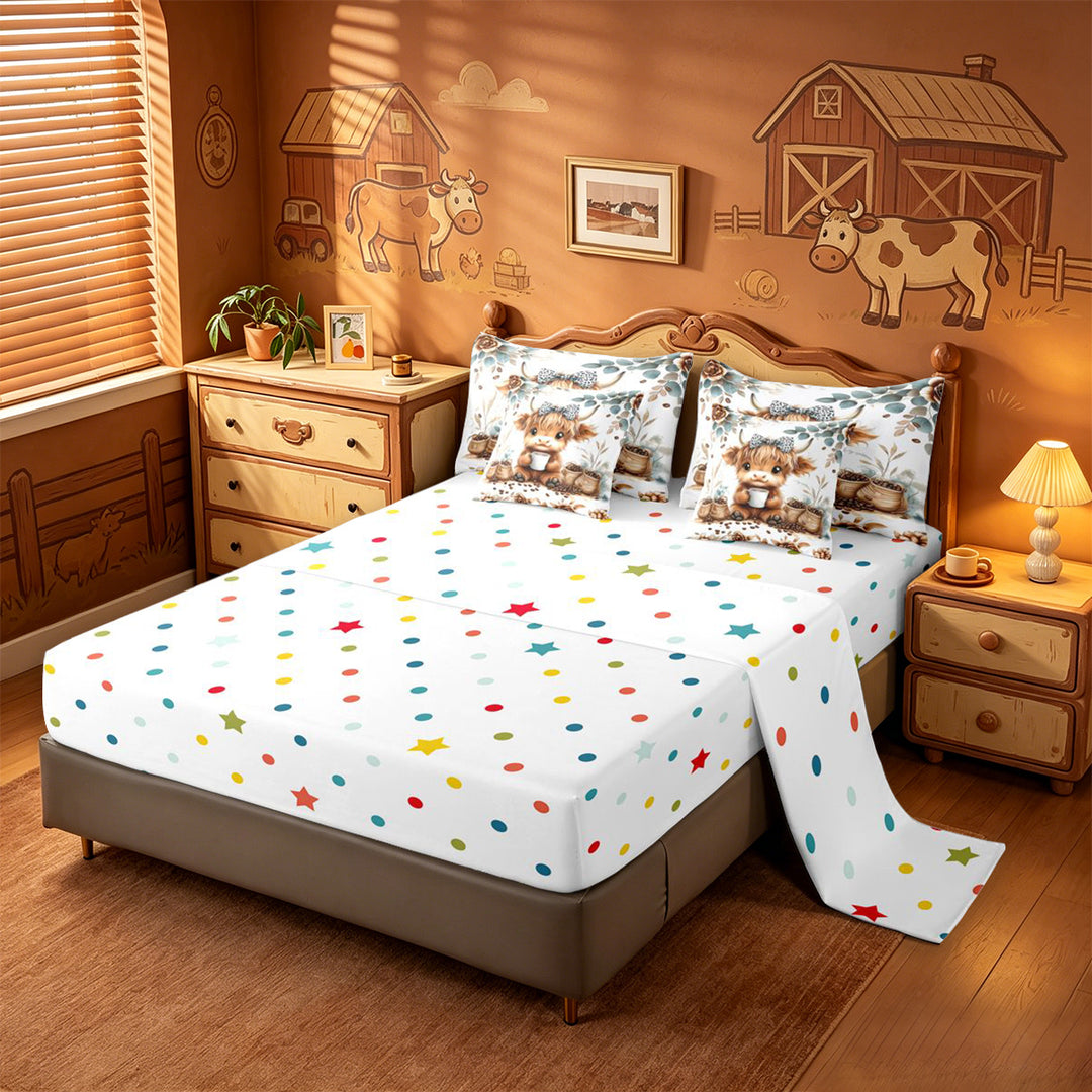 meiyoeat Coffee Highland Cow 7 Pieces Full Size Bedding Sets,Cute Farm Animal Full Size Bed in a Bag For Girl,Reversible
