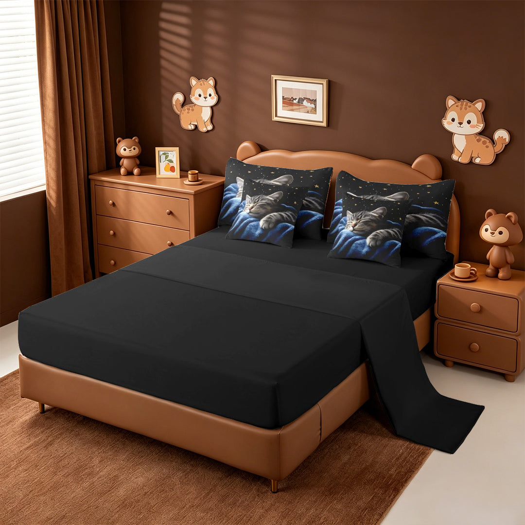 meiyoeat Starry Night Cat 7 Pieces Full Size Bedding Sets,Pet Animal Print Full Size Bed in a Bag For Girl,Reversible