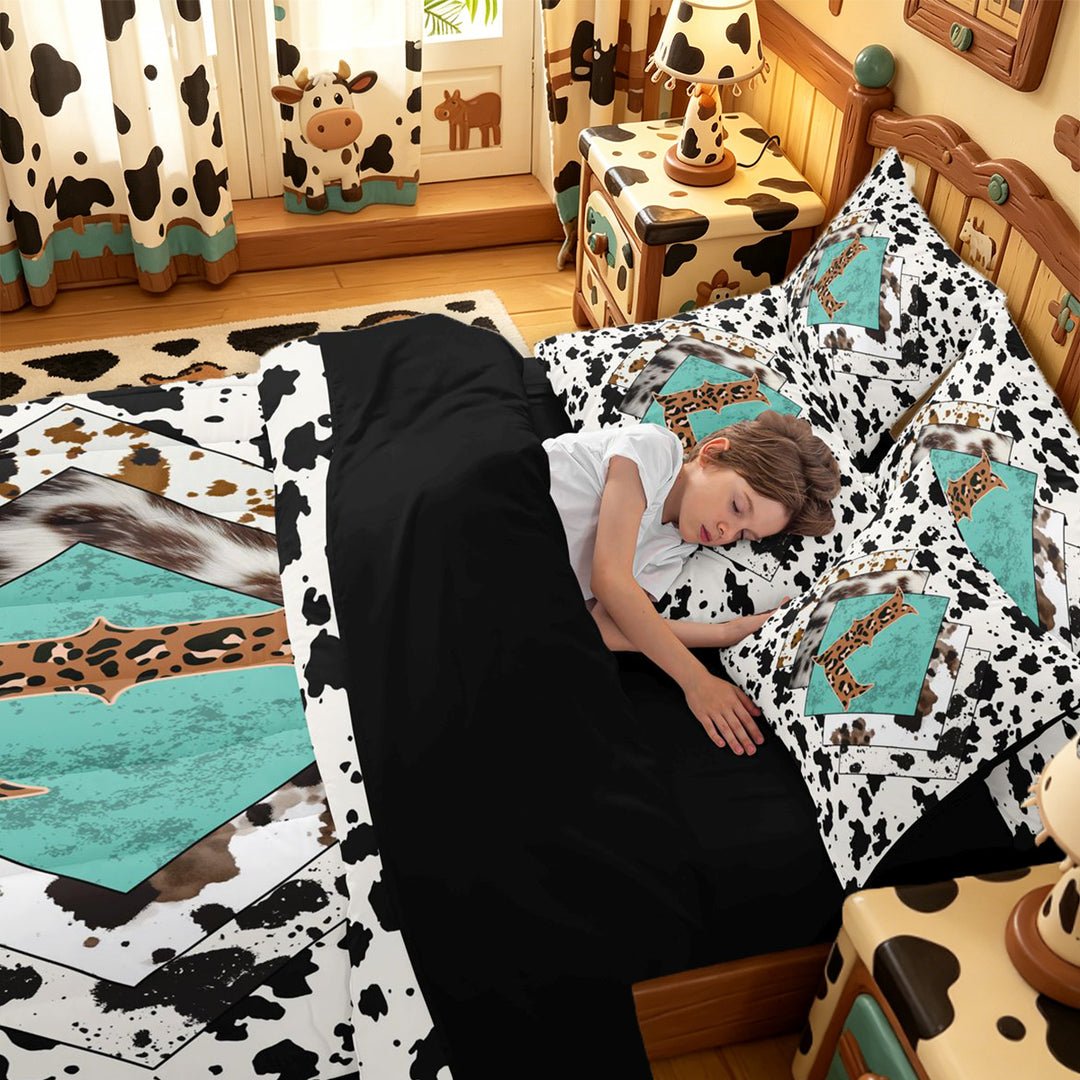 meiyoeat Western Cowboy Theme 7 Pieces Full Size Bedding Sets For Boys,Personalized Cheetah Print Initial L Full Size Bed in a Bag,Black Reversible