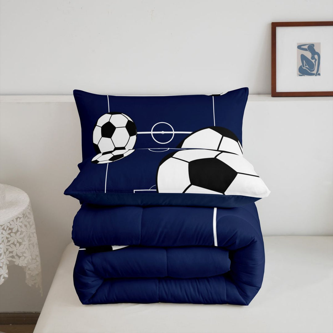 meiyoeat Football Ball Games Full Size Comforter Sets For Boys,Soccer Sport Theme Bedding Comforter Set For Kids,Navy Blue Reversible,3pcs