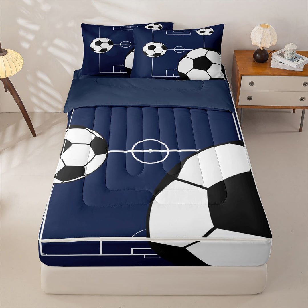 meiyoeat Football Ball Games Zipper Full Size Comforter Sets with Fitted Sheet and 2 Pillowcases For Boys,Soccer Sport Theme Zipper Bedding Set For Kids,Navy Blue Reversible,4 Pieces