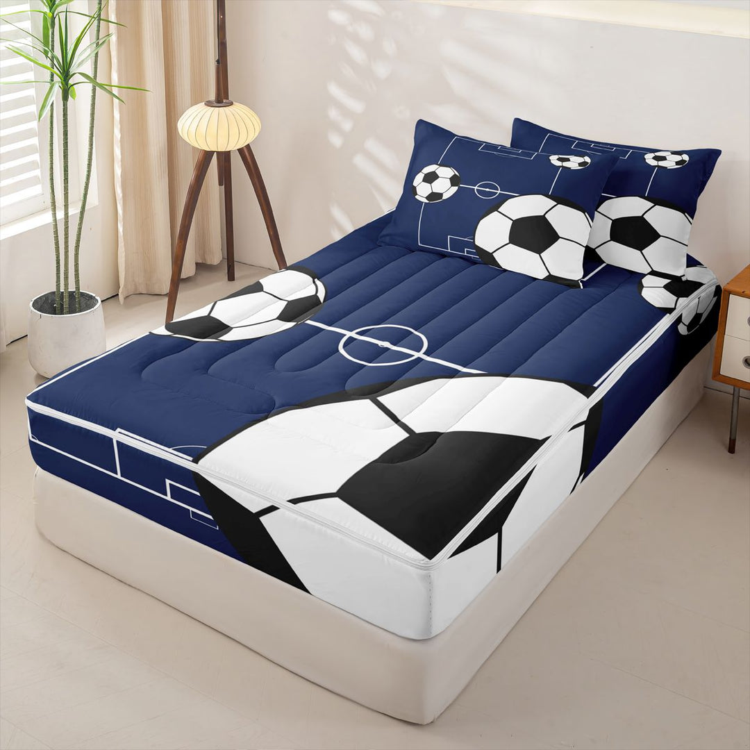 meiyoeat Football Ball Games Zipper Full Size Comforter Sets with Fitted Sheet and 2 Pillowcases For Boys,Soccer Sport Theme Zipper Bedding Set For Kids,Navy Blue Reversible,4 Pieces