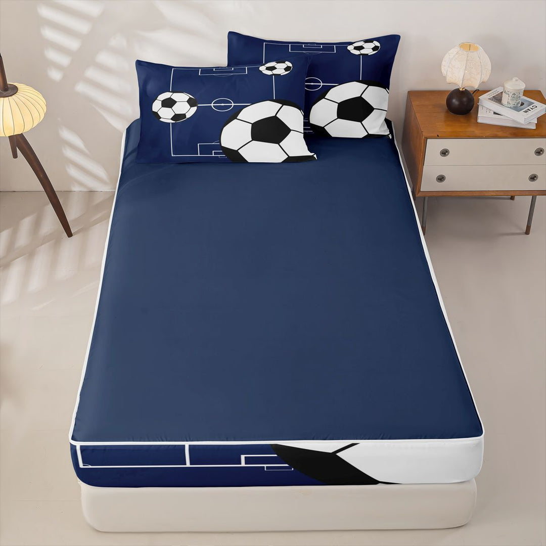 meiyoeat Football Ball Games Zipper Full Size Comforter Sets with Fitted Sheet and 2 Pillowcases For Boys,Soccer Sport Theme Zipper Bedding Set For Kids,Navy Blue Reversible,4 Pieces