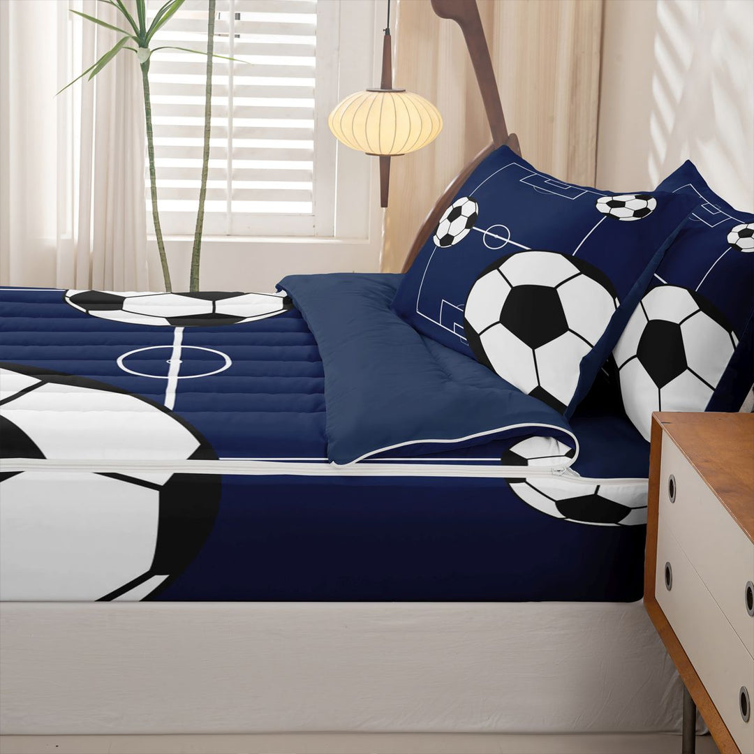meiyoeat Football Ball Games Zipper Full Size Comforter Sets with Fitted Sheet and 2 Pillowcases For Boys,Soccer Sport Theme Zipper Bedding Set For Kids,Navy Blue Reversible,4 Pieces
