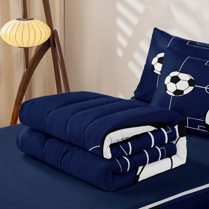meiyoeat Football Ball Games Zipper Full Size Comforter Sets with Fitted Sheet and 2 Pillowcases For Boys,Soccer Sport Theme Zipper Bedding Set For Kids,Navy Blue Reversible,4 Pieces