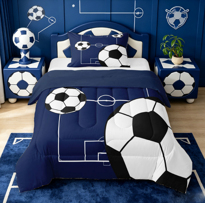 meiyoeat Football Ball Games Full Size Comforter Sets For Boys,Soccer Sport Theme Bedding Comforter Set For Kids,Navy Blue Reversible,3pcs