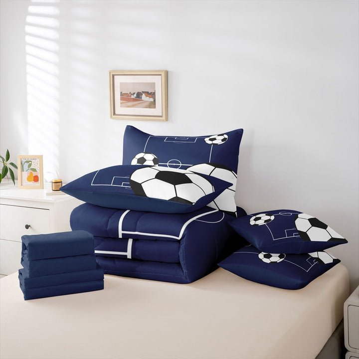 meiyoeat Football Ball Games 7 Pieces Full Size Bedding Sets For Boys,Soccer Sport Theme Full Size Bed in a Bag For Kids,Navy Blue Reversible