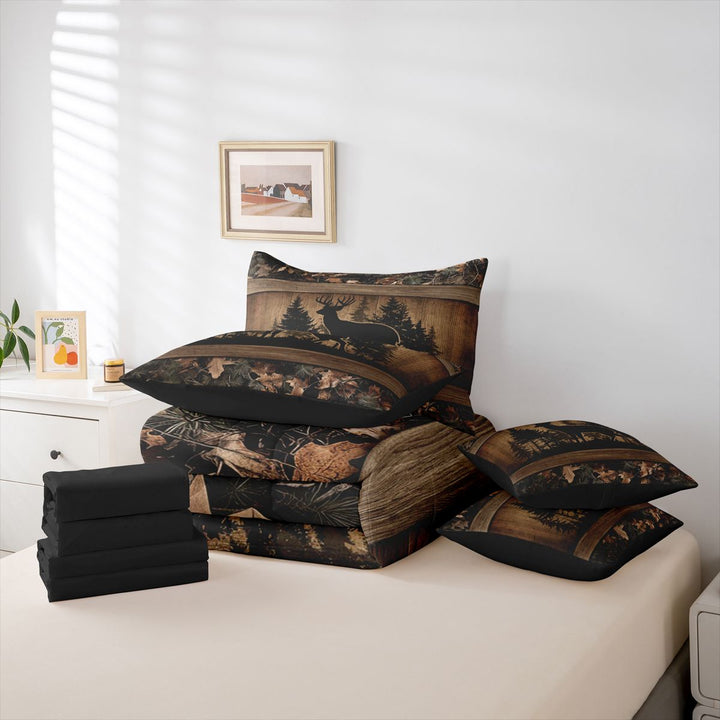 meiyoeat Jungle Animal Deer 7-Piece King Bedding For Adults,Rustic Plant Pine Tree King Bed in a Bag For Men,Black Reversible