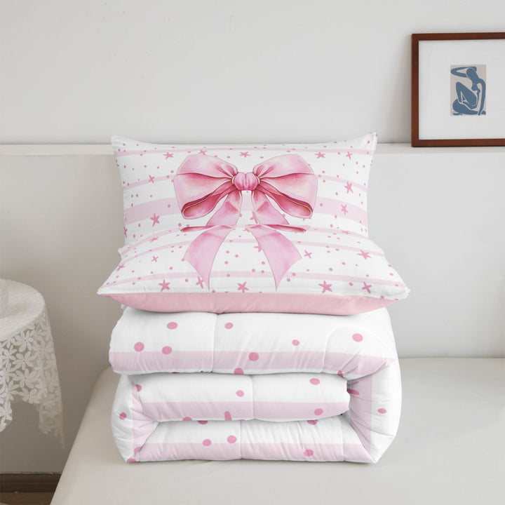 meiyoeat Pink Coquette Bow Full Size Comforter Sets For Girls,Cute Polka Dots Stars Bedding Comforter Set For Kids,Pink Reversible,3 Pieces