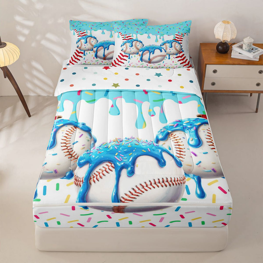 meiyoeat Watercolor Baseball Cream Zipper Full Size Comforter Sets with Fitted Sheet and 2 Pillowcases For Kids,Ball Ice Drip Zipper Bedding Set For Boys,Polkadot Reversible,4-Piece