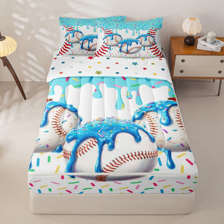 meiyoeat Watercolor Baseball Cream Zipper Full Size Comforter Sets with Fitted Sheet and 2 Pillowcases For Kids,Ball Ice Drip Zipper Bedding Set For Boys,Polkadot Reversible,4-Piece