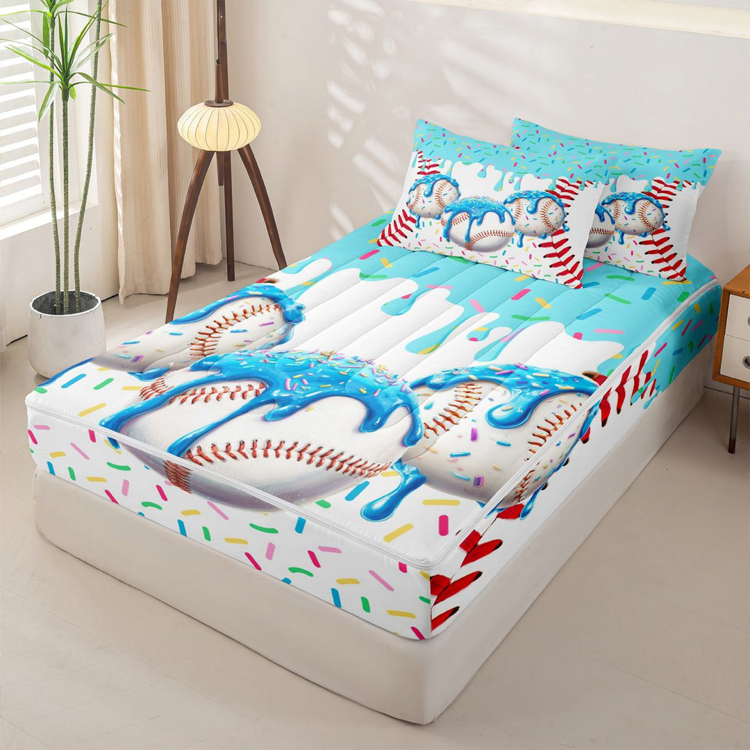 meiyoeat Watercolor Baseball Cream Zipper Full Size Comforter Sets with Fitted Sheet and 2 Pillowcases For Kids,Ball Ice Drip Zipper Bedding Set For Boys,Polkadot Reversible,4-Piece