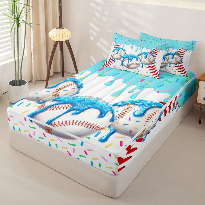 meiyoeat Watercolor Baseball Cream Zipper Full Size Comforter Sets with Fitted Sheet and 2 Pillowcases For Kids,Ball Ice Drip Zipper Bedding Set For Boys,Polkadot Reversible,4-Piece