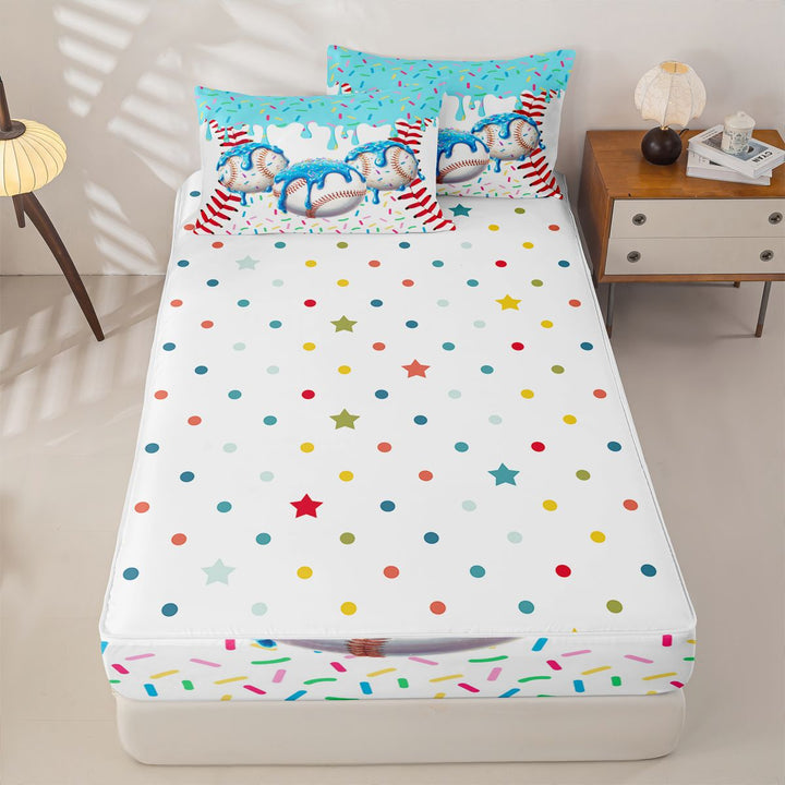 meiyoeat Watercolor Baseball Cream Zipper Full Size Comforter Sets with Fitted Sheet and 2 Pillowcases For Kids,Ball Ice Drip Zipper Bedding Set For Boys,Polkadot Reversible,4-Piece