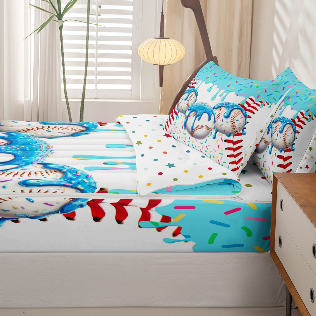 meiyoeat Watercolor Baseball Cream Zipper Full Size Comforter Sets with Fitted Sheet and 2 Pillowcases For Kids,Ball Ice Drip Zipper Bedding Set For Boys,Polkadot Reversible,4-Piece