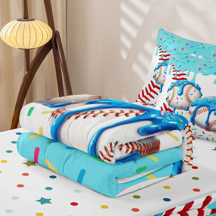 meiyoeat Watercolor Baseball Cream Zipper Full Size Comforter Sets with Fitted Sheet and 2 Pillowcases For Kids,Ball Ice Drip Zipper Bedding Set For Boys,Polkadot Reversible,4-Piece