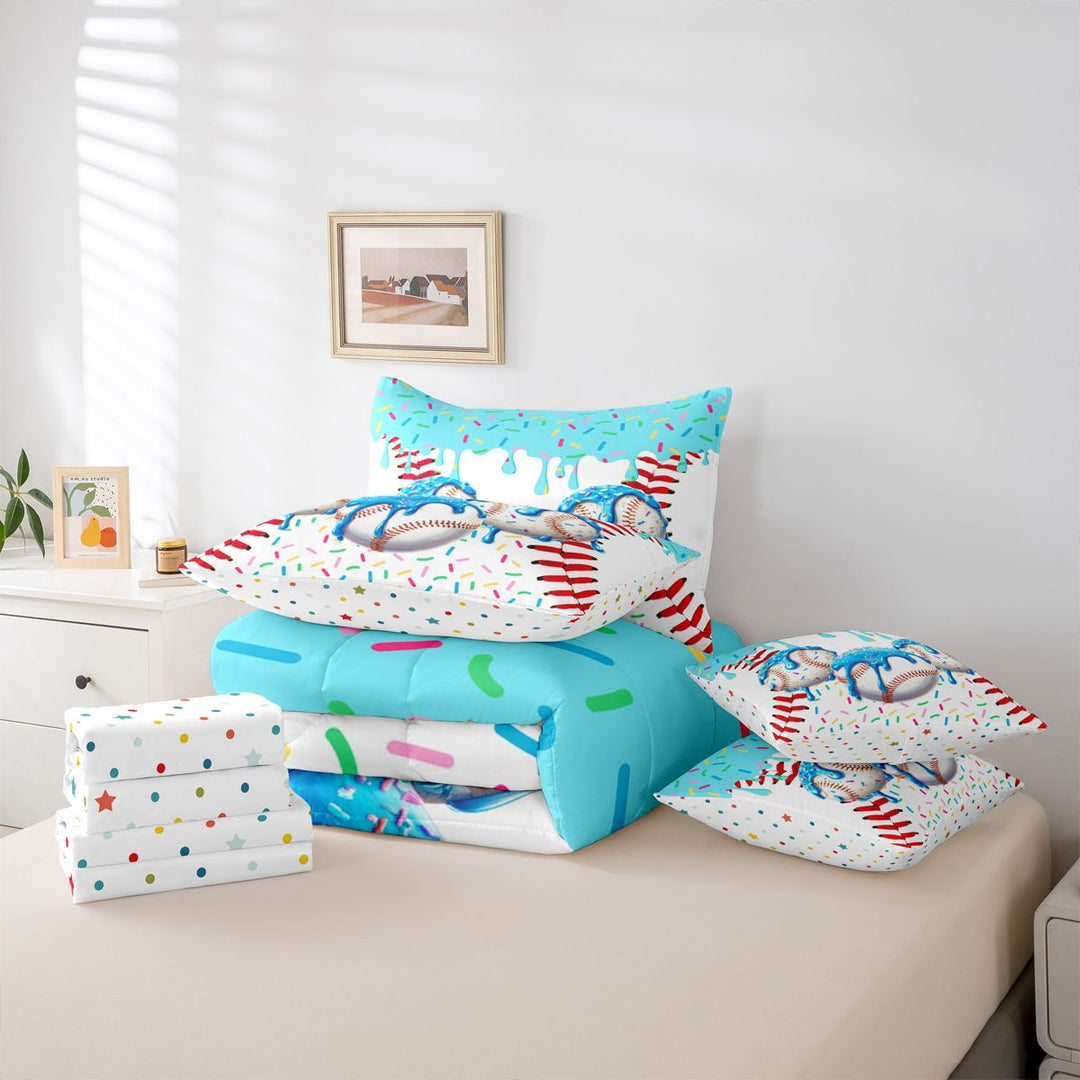 meiyoeat Watercolor Baseball Cream 7 Pieces Full Size Bedding Sets For Kids,Ball Ice Drip Full Size Bed in a Bag For Boys,Reversible