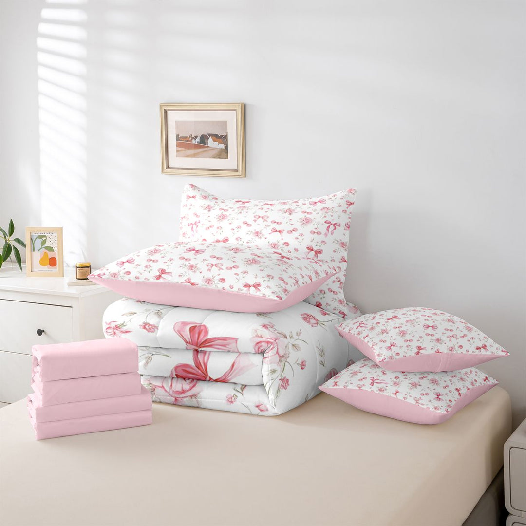 meiyoeat Pink Cute Flowers 7 Pieces Full Size Bedding Sets For Girls,Kawaii Coquette Bowknot Full Size Bed in a Bag For Kids,Pink Reversible
