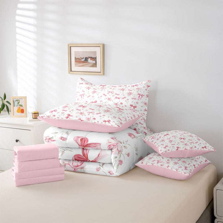 meiyoeat Pink Cute Flowers 7 Pieces Full Size Bedding Sets For Girls,Kawaii Coquette Bowknot Full Size Bed in a Bag For Kids,Pink Reversible