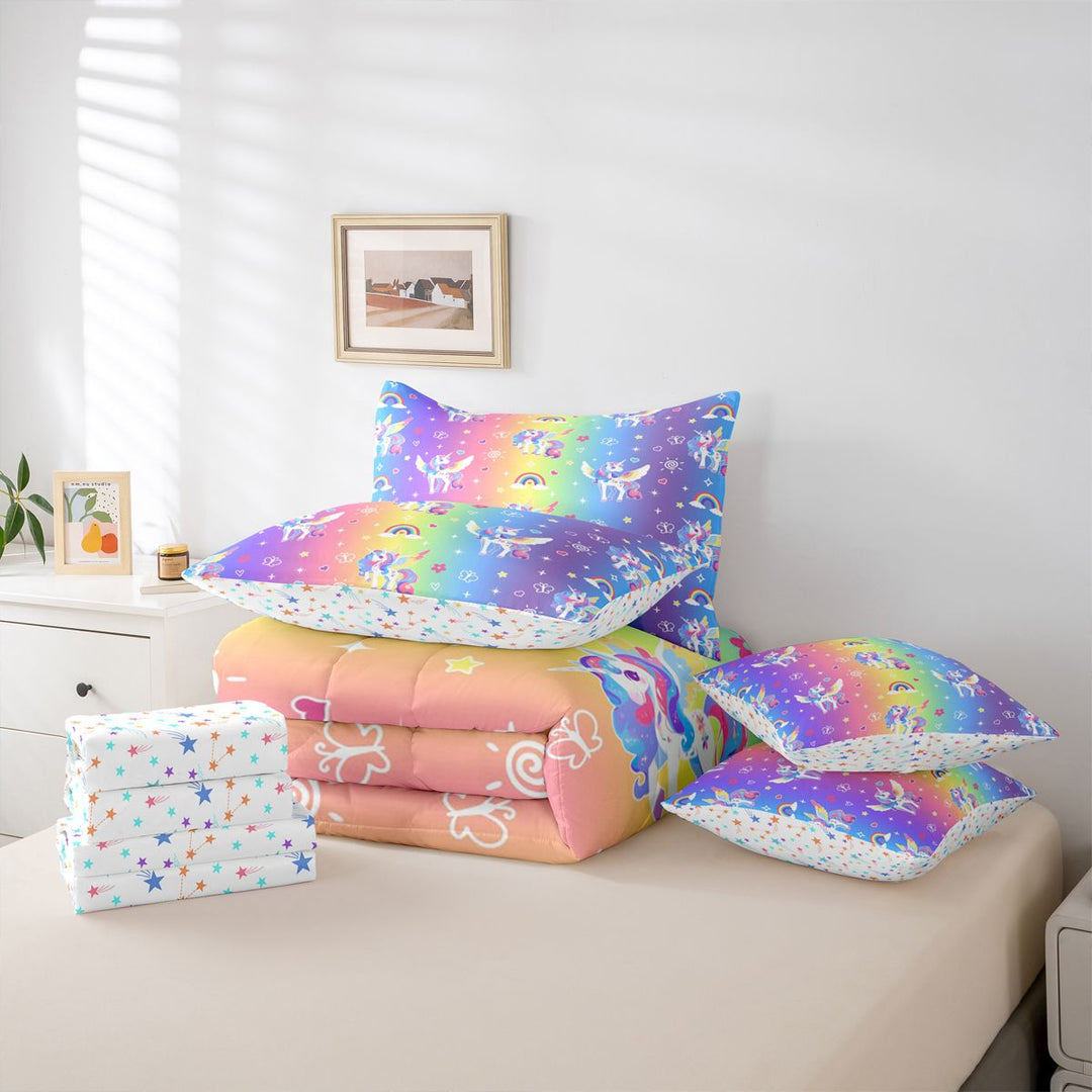 meiyoeat Colorful Kawaii Unicorn 7 Pieces Full Size Bedding Sets For Girls,Dreamy Rainbow Gradient Stripes Full Size Bed in a Bag For Kids,Colorful Stars Reversible