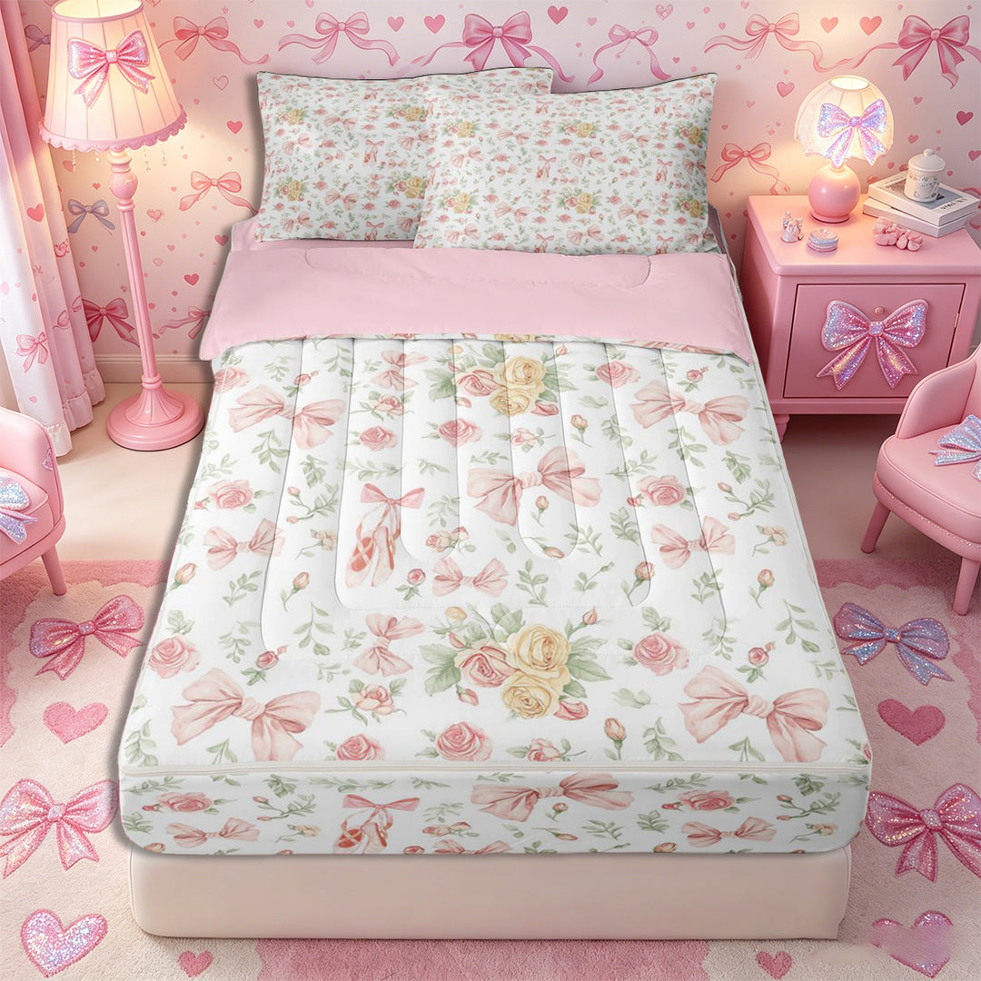 Meiyoeat Romantic Floral Roses Zipper Full Size Comforter Sets with Fitted Sheet and 2 Pillowcases, Pink Ballet Bow Zipper Bedding Set, Pink Green White,4pcs,Pink Reversible