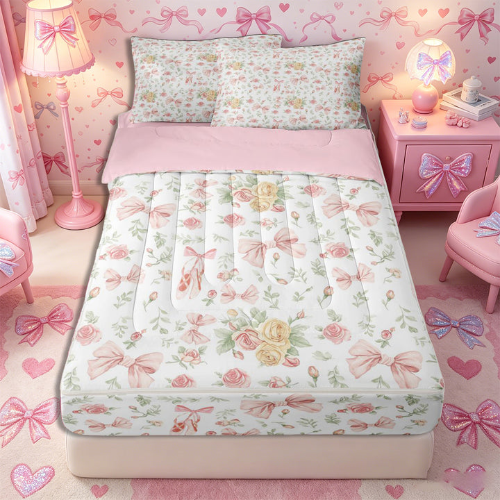 Meiyoeat Romantic Floral Roses Zipper Full Size Comforter Sets with Fitted Sheet and 2 Pillowcases, Pink Ballet Bow Zipper Bedding Set, Pink Green White,4pcs,Pink Reversible