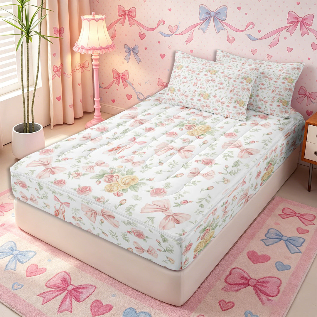 Meiyoeat Romantic Floral Roses Zipper Full Size Comforter Sets with Fitted Sheet and 2 Pillowcases, Pink Ballet Bow Zipper Bedding Set, Pink Green White,4pcs,Pink Reversible