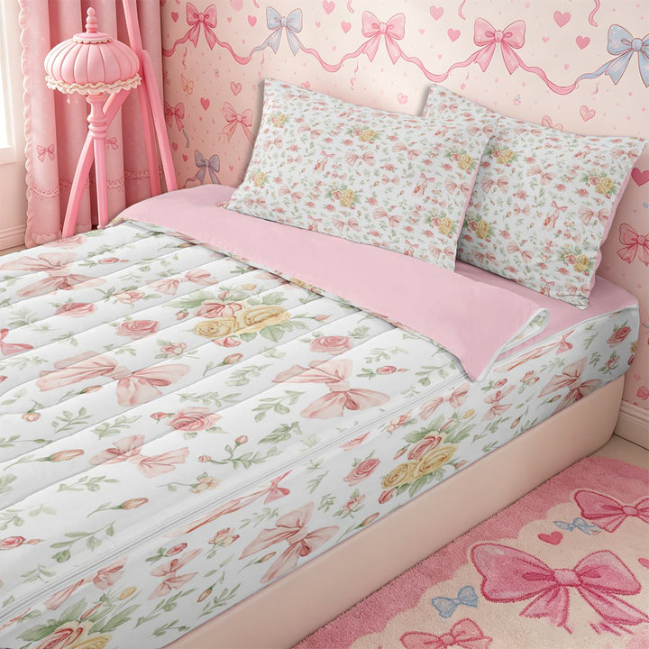 Meiyoeat Romantic Floral Roses Zipper Full Size Comforter Sets with Fitted Sheet and 2 Pillowcases, Pink Ballet Bow Zipper Bedding Set, Pink Green White,4pcs,Pink Reversible