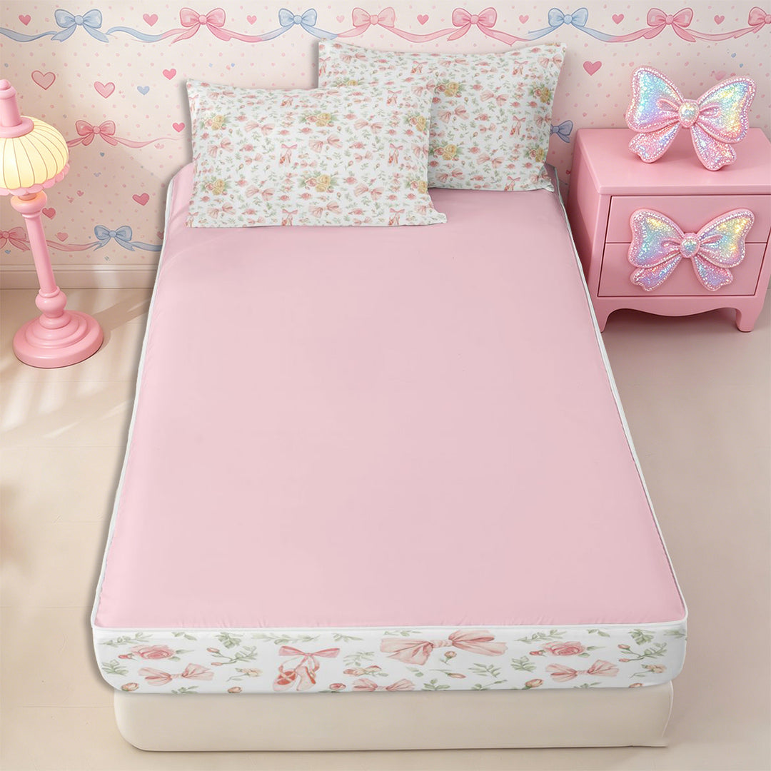 Meiyoeat Romantic Floral Roses Zipper Full Size Comforter Sets with Fitted Sheet and 2 Pillowcases, Pink Ballet Bow Zipper Bedding Set, Pink Green White,4pcs,Pink Reversible