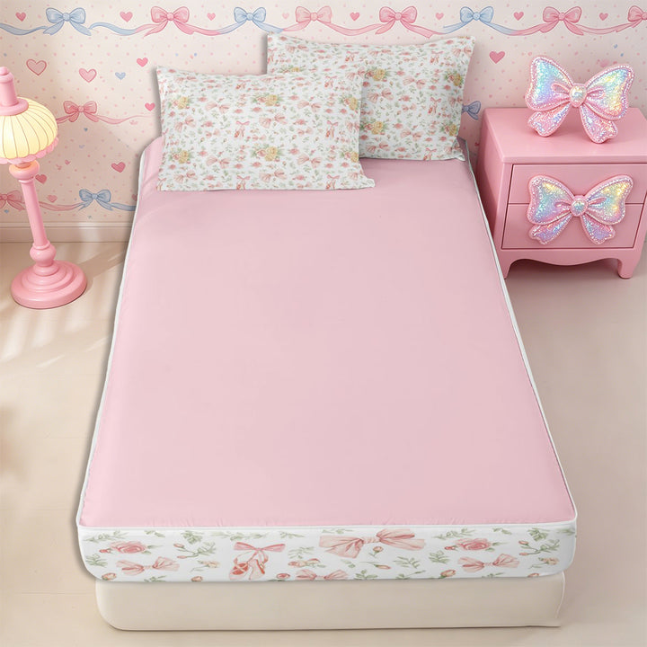 Meiyoeat Romantic Floral Roses Zipper Full Size Comforter Sets with Fitted Sheet and 2 Pillowcases, Pink Ballet Bow Zipper Bedding Set, Pink Green White,4pcs,Pink Reversible