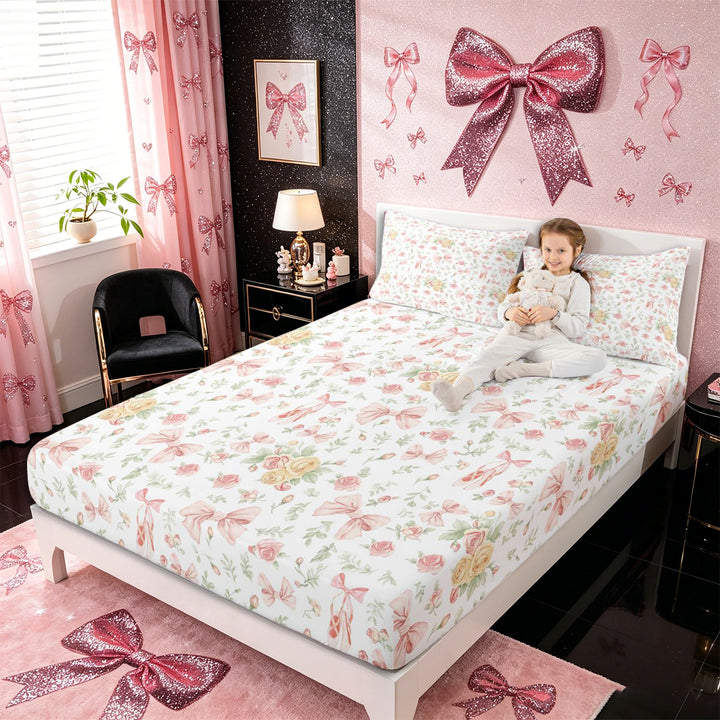 Meiyoeat Romantic Floral Roses Bed Sheets 4-Piece, Pink Ballet Bow Full Size Sheets, Pink Green White