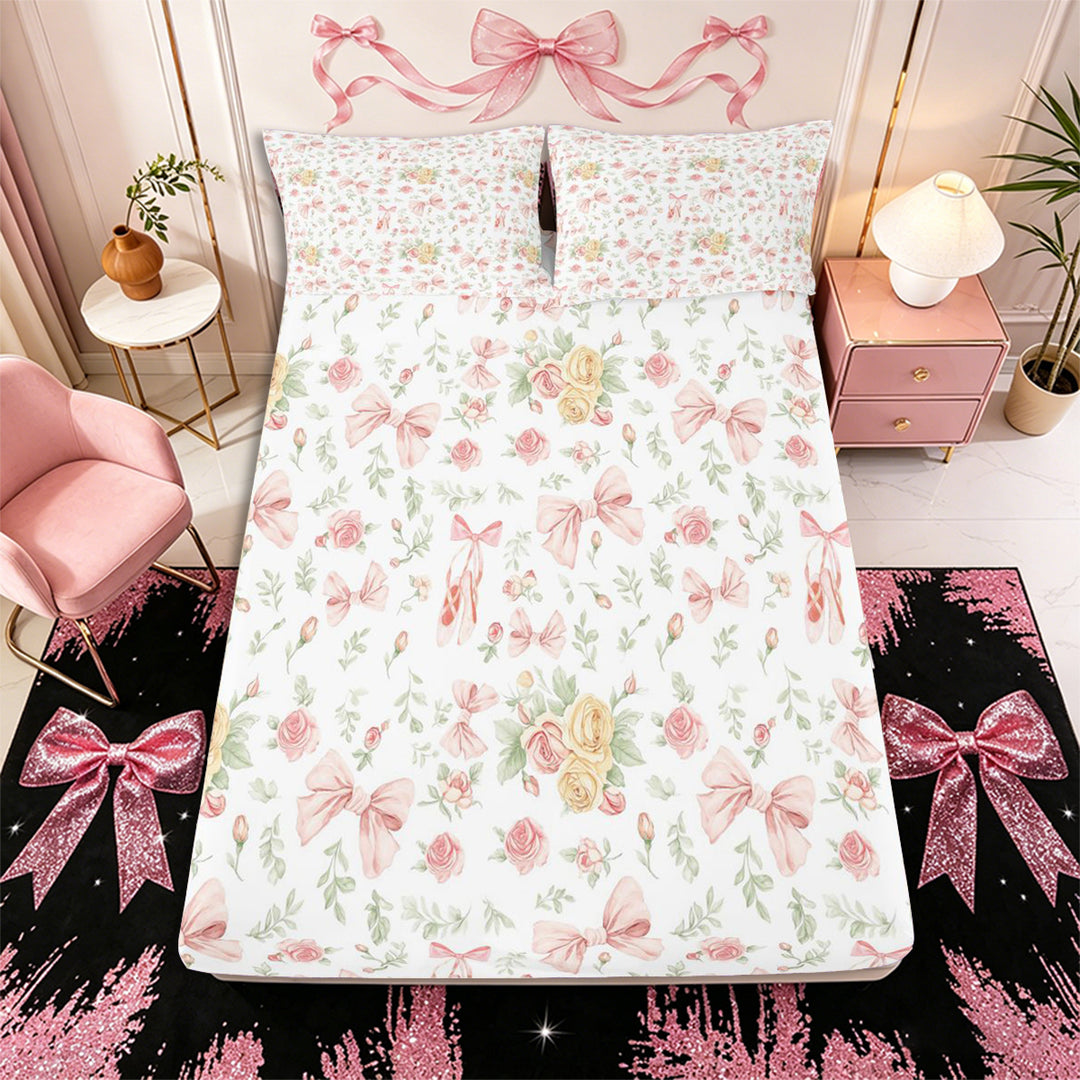 Meiyoeat Romantic Floral Roses Bed Sheets 4-Piece, Pink Ballet Bow Full Size Sheets, Pink Green White