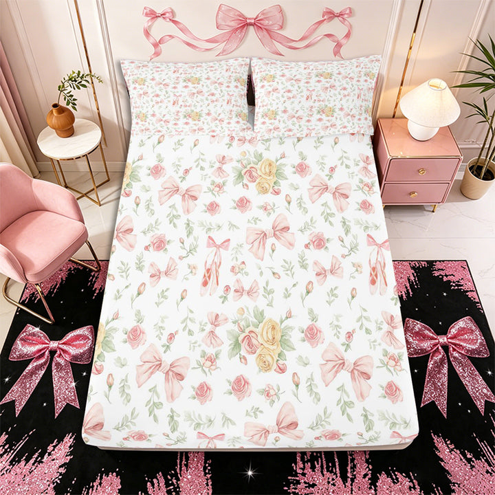 Meiyoeat Romantic Floral Roses Bed Sheets 4-Piece, Pink Ballet Bow Full Size Sheets, Pink Green White