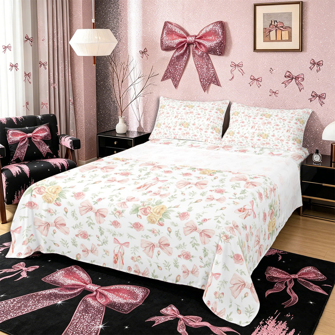 Meiyoeat Romantic Floral Roses Bed Sheets 4-Piece, Pink Ballet Bow Full Size Sheets, Pink Green White