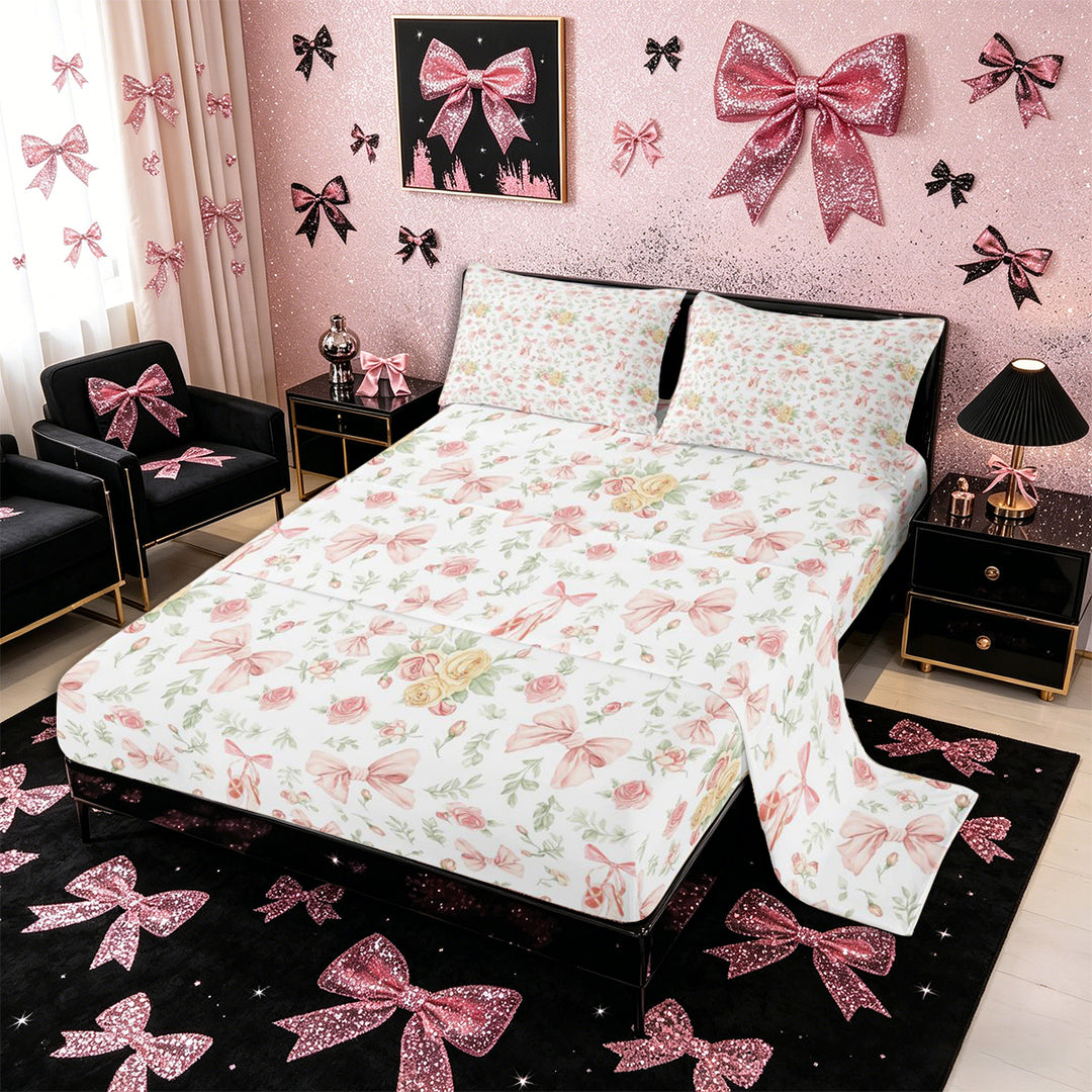 Meiyoeat Romantic Floral Roses Bed Sheets 4-Piece, Pink Ballet Bow Full Size Sheets, Pink Green White