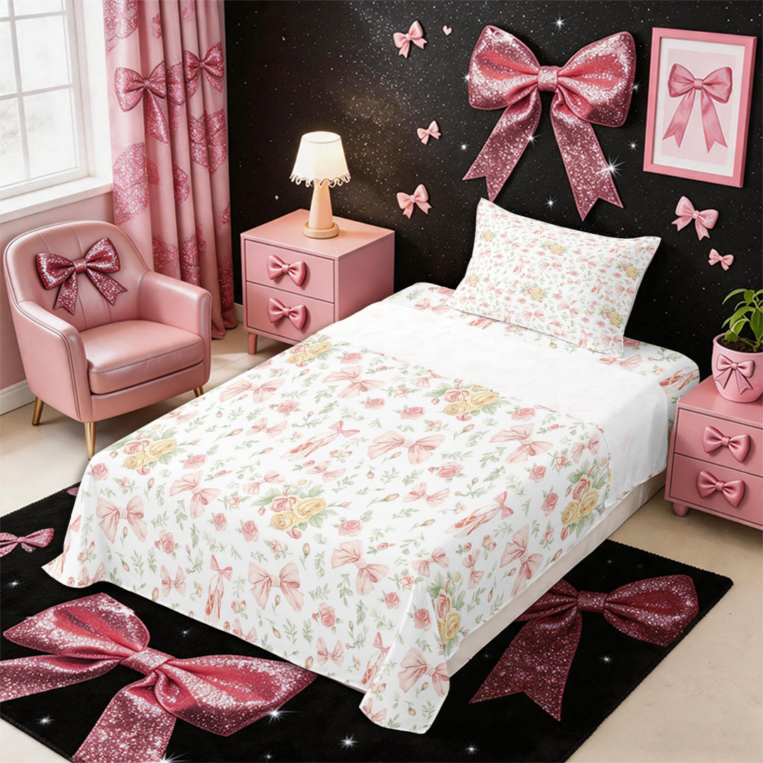 Meiyoeat Romantic Floral Roses Bed Sheets 4-Piece, Pink Ballet Bow Full Size Sheets, Pink Green White