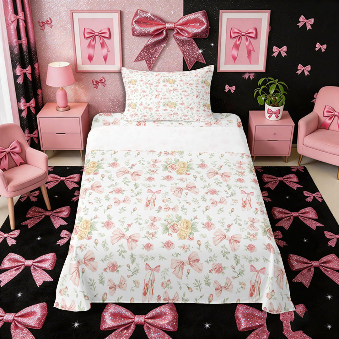 Meiyoeat Romantic Floral Roses Bed Sheets 4-Piece, Pink Ballet Bow Full Size Sheets, Pink Green White
