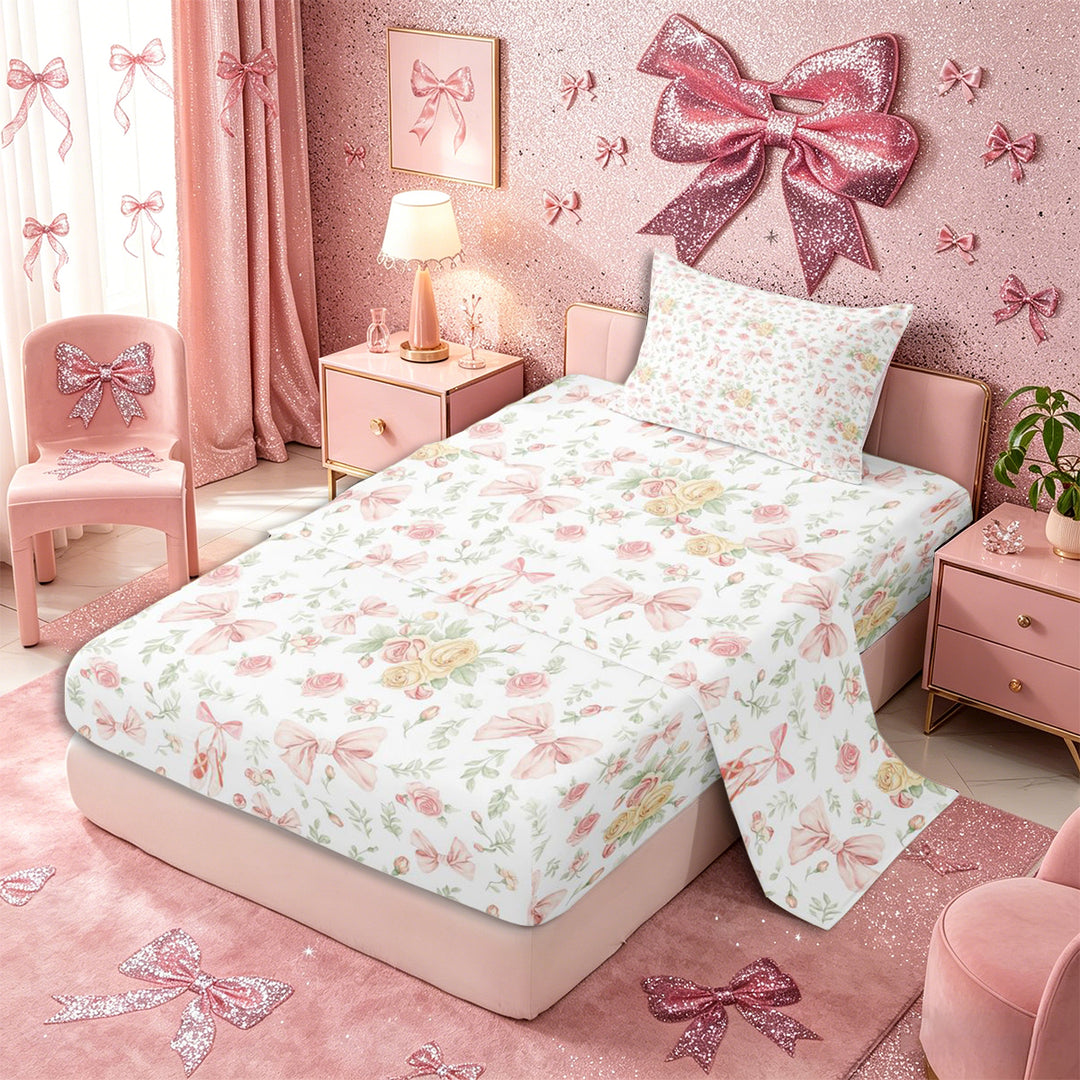 Meiyoeat Romantic Floral Roses Bed Sheets 4-Piece, Pink Ballet Bow Full Size Sheets, Pink Green White