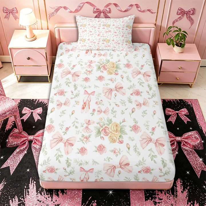 Meiyoeat Romantic Floral Roses Bed Sheets 4-Piece, Pink Ballet Bow Full Size Sheets, Pink Green White