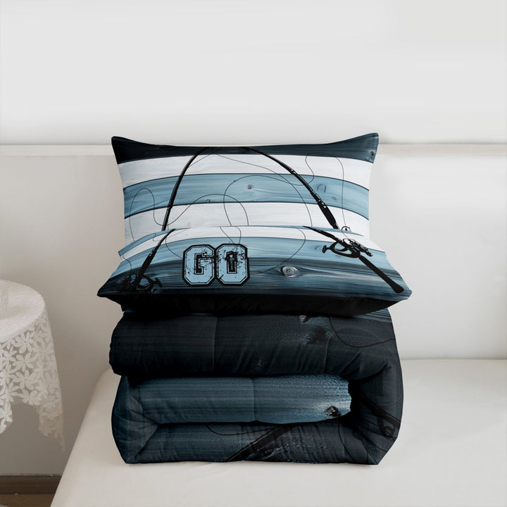 meiyoeat Go Fishing Stripe Full Size Comforter Sets For Kids,Blue Wood Fishing Bedding Comforter Set For Boys,Black Reversible,3-Piece