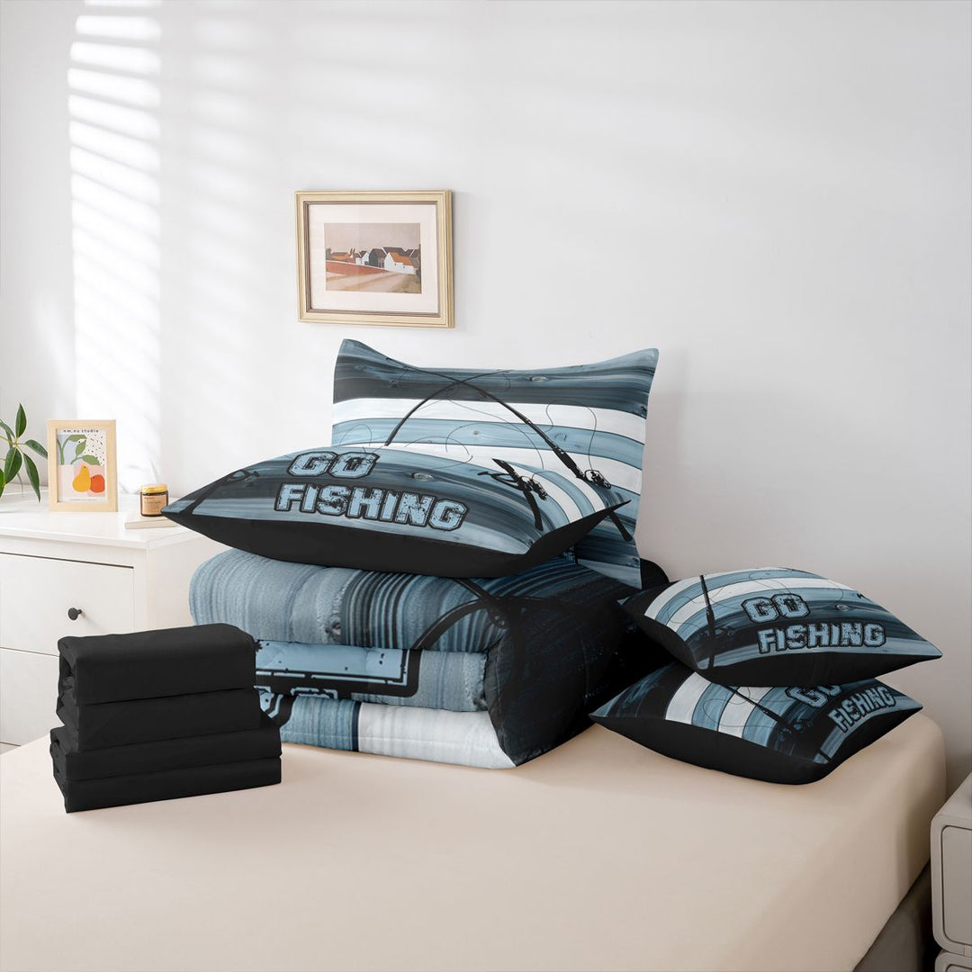 meiyoeat Go Fishing Stripe 7 Pieces Full Size Bedding Sets For Kids,Blue Wood Fishing Full Size Bed in a Bag For Boys,Black Reversible