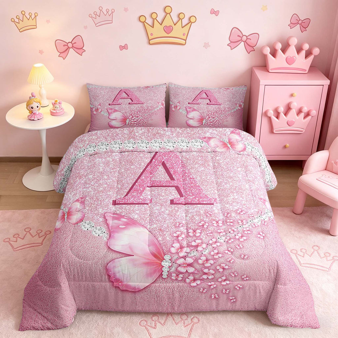 meiyoeat Pink Glitter Butterfly Monogrammed A Full Size Comforter Sets for Girls, Sparkle Floral Initial Letter Bedding Sets, Pink Reversible 3 Pieces, 1 Comforter and 2 Pillowcases