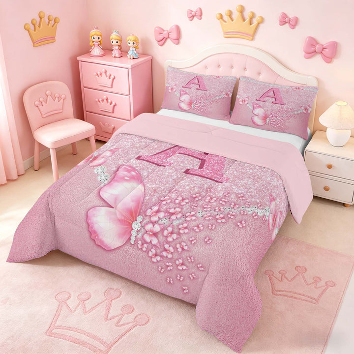 meiyoeat Pink Glitter Butterfly Monogrammed A Full Size Comforter Sets for Girls, Sparkle Floral Initial Letter Bedding Sets, Pink Reversible 3 Pieces, 1 Comforter and 2 Pillowcases