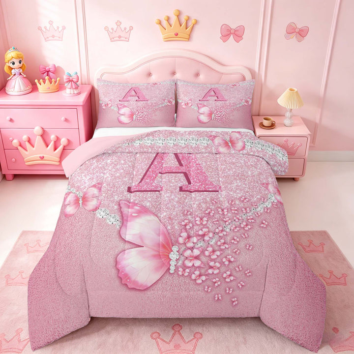 meiyoeat Pink Glitter Butterfly Monogrammed A Full Size Comforter Sets for Girls, Sparkle Floral Initial Letter Bedding Sets, Pink Reversible 3 Pieces, 1 Comforter and 2 Pillowcases