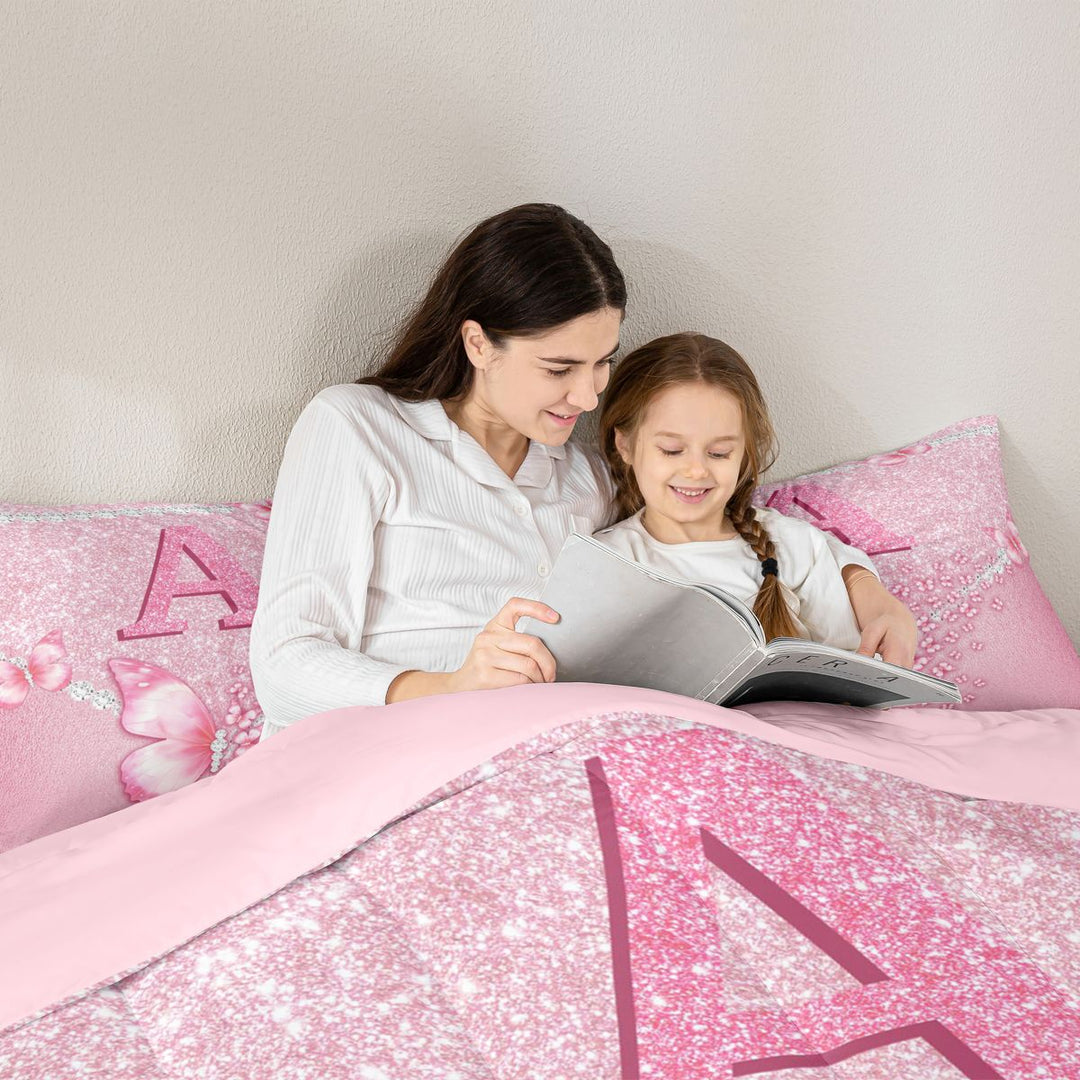 meiyoeat Pink Glitter Butterfly Monogrammed A Full Size Comforter Sets for Girls, Sparkle Floral Initial Letter Bedding Sets, Pink Reversible 3 Pieces, 1 Comforter and 2 Pillowcases