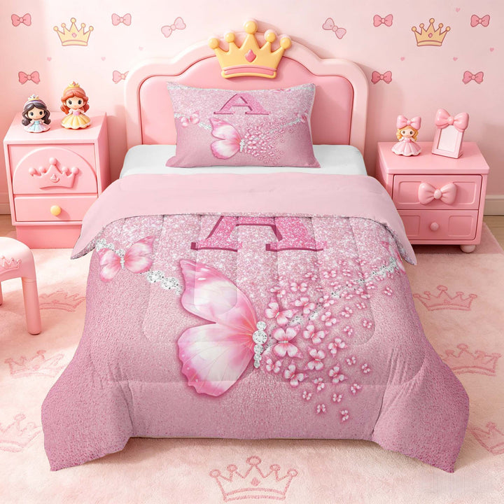 meiyoeat Pink Glitter Butterfly Monogrammed A Full Size Comforter Sets for Girls, Sparkle Floral Initial Letter Bedding Sets, Pink Reversible 3 Pieces, 1 Comforter and 2 Pillowcases