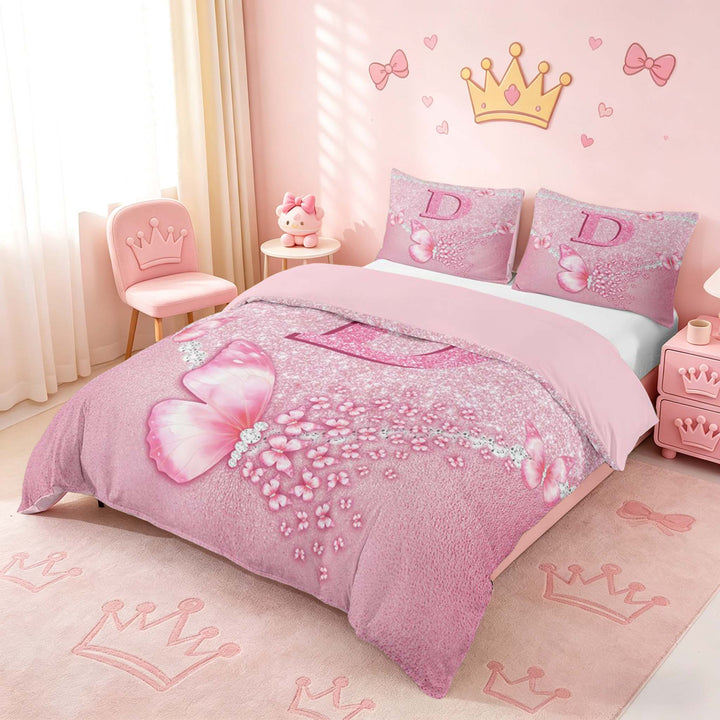 meiyoeat Pink Glitter Butterfly Monogrammed D Duvet Cover Set for Girls, Sparkle Floral Initial Letter Bedding Full, Pink Reversible3 Pieces, 1 Duvet Cover and 2 Pillowcases