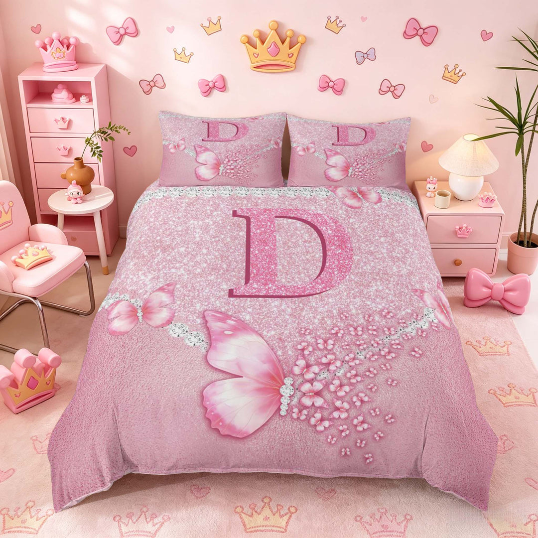 meiyoeat Pink Glitter Butterfly Monogrammed D Duvet Cover Set for Girls, Sparkle Floral Initial Letter Bedding Full, Pink Reversible3 Pieces, 1 Duvet Cover and 2 Pillowcases
