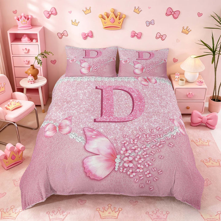 meiyoeat Pink Glitter Butterfly Monogrammed D Duvet Cover Set for Girls, Sparkle Floral Initial Letter Bedding Full, Pink Reversible3 Pieces, 1 Duvet Cover and 2 Pillowcases