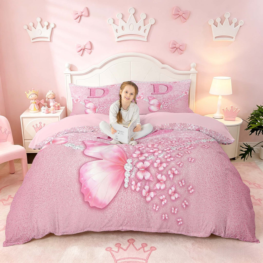 meiyoeat Pink Glitter Butterfly Monogrammed D Duvet Cover Set for Girls, Sparkle Floral Initial Letter Bedding Full, Pink Reversible3 Pieces, 1 Duvet Cover and 2 Pillowcases